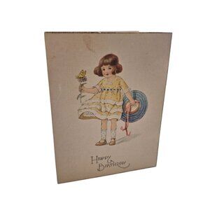 Happy Birthday Card Small Vintage Shy Love 3x4 1950s Blank Girl Flowers Dress